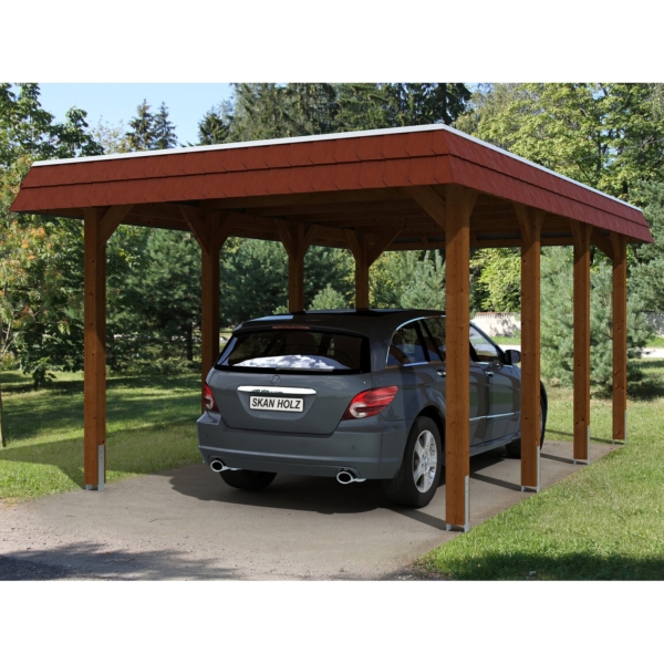 Skan Holz Carport Spreewald 345 cm x 589 cm rote Blende Nussbaum kaufen bei OBI