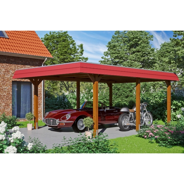 Skan Holz Carport Wendland Nussbaum 409 x 628 cm EPDM-Dach Blende Rot kaufen bei OBI