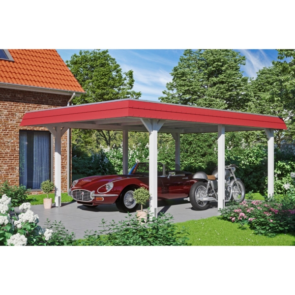 Skan Holz Carport Wendland Weiß 409 x 628 cm EPDM-Dach Blende Rot kaufen bei OBI