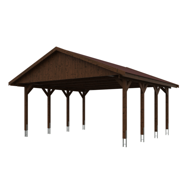 SKAN HOLZ Doppelcarport ‚Wallgau‘ mit roten Schindeln 620 x 600 cm nussbaum