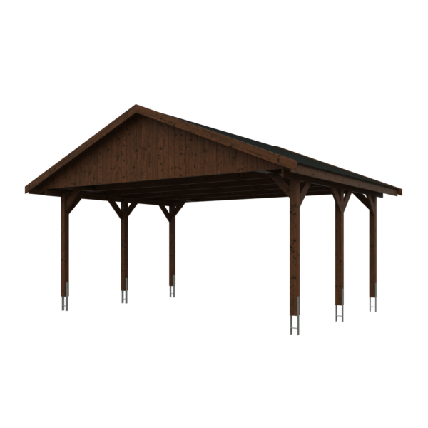 SKAN HOLZ Doppelcarport ‚Wallgau‘ mit schwarzen Schindeln 620 x 500 cm nussbaum