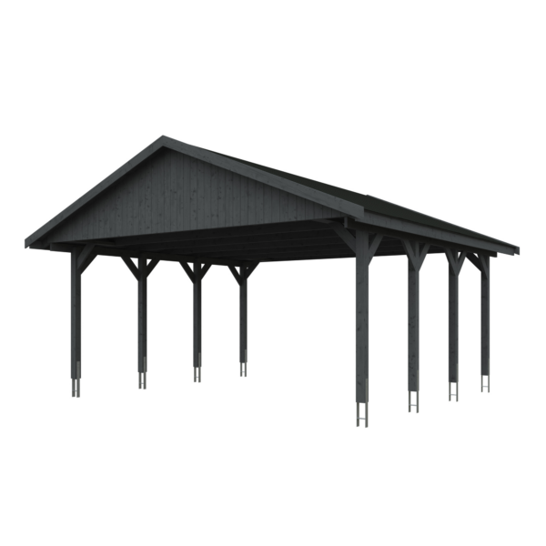 SKAN HOLZ Doppelcarport ‚Wallgau‘ mit schwarzen Schindeln 620 x 600 cm schiefergrau