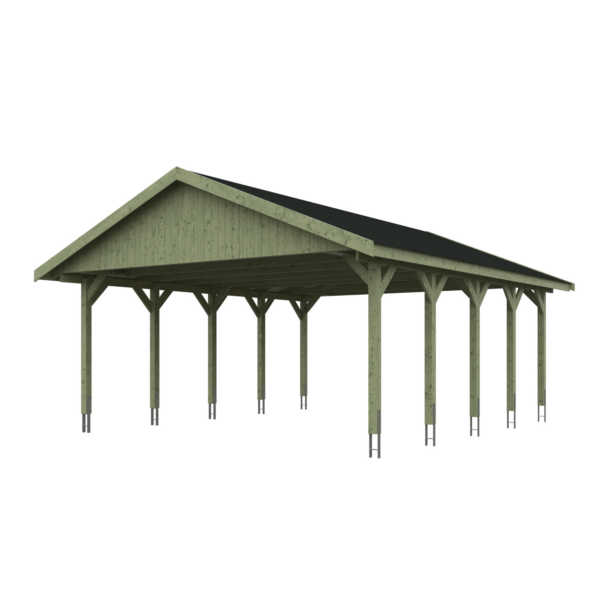 SKAN HOLZ Doppelcarport ‚Wallgau‘ mit schwarzen Schindeln 620 x 750 cm natur