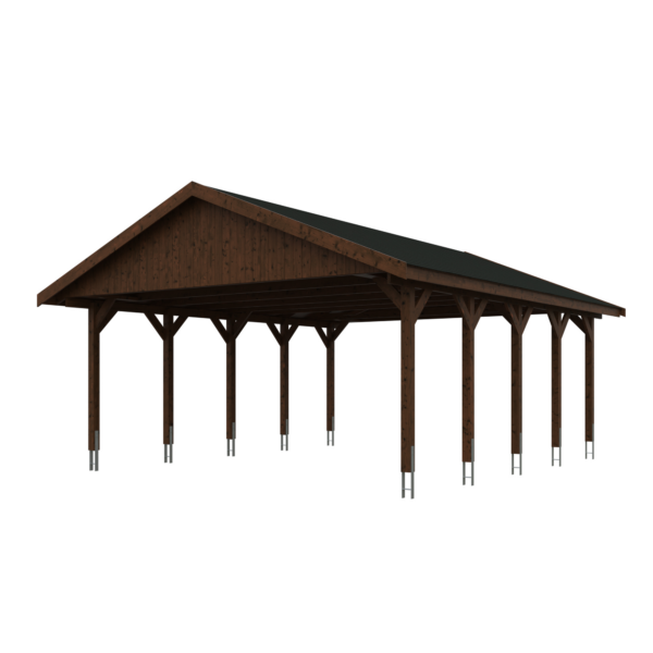 SKAN HOLZ Doppelcarport ‚Wallgau‘ mit schwarzen Schindeln 620 x 750 cm nussbaum