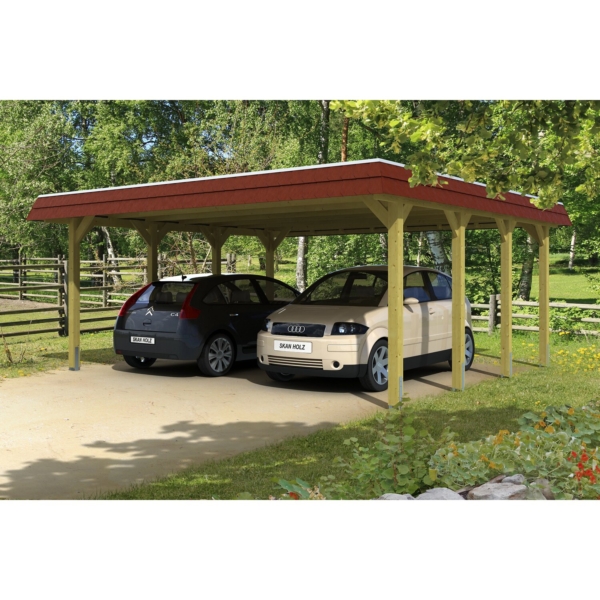 Skan Holz Walmdach-Doppelcarport Spreewald 585 cm x 589 cm Blende Rot kaufen bei OBI