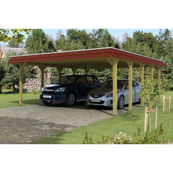 Skan Holz Walmdach-Doppelcarport Spreewald 585 cm x 741 cm Blende in Rot kaufen bei OBI