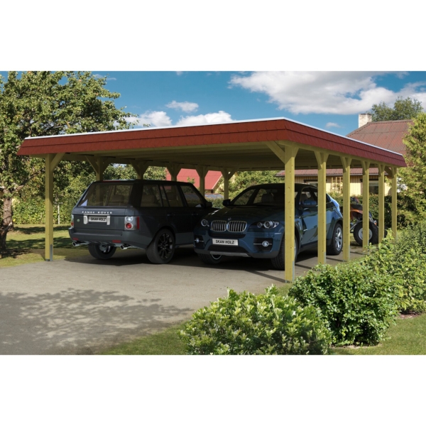 Skan Holz Walmdach-Doppelcarport Spreewald 585 cm x 893 cm Blende in Rot kaufen bei OBI